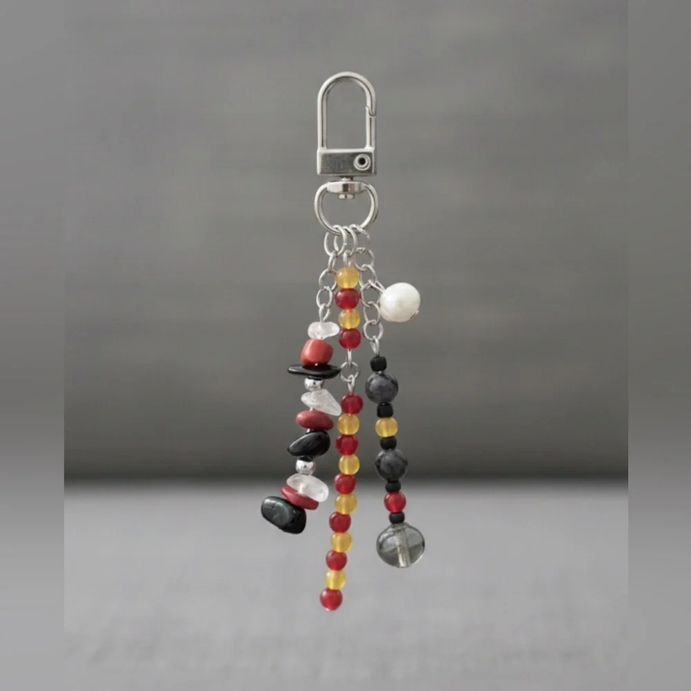 KC Chiefs Football Themed Beaded Bag Charm Keychain Silver Tones and Real Pearl